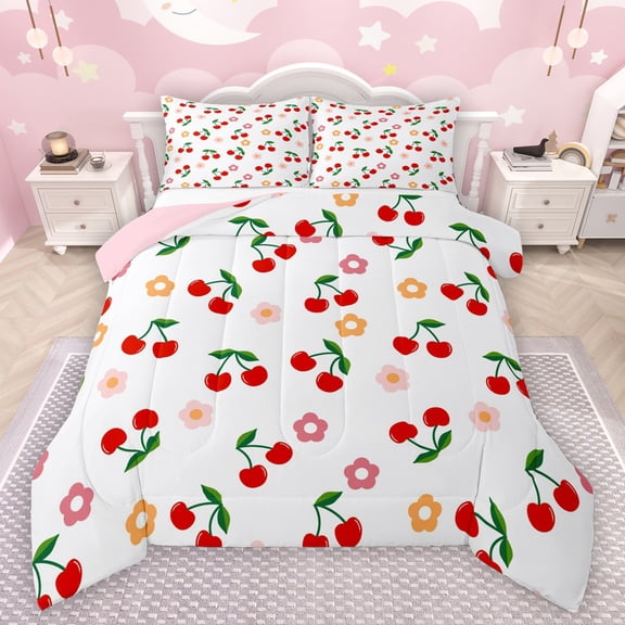 Manfei Kawaii Sweet Cherry Bedding Comforter Set,Cartoon Floral Blossom Twin Comforter Sets,Red White Green Bedding Set For Girls Teens,Ultra Soft Home Decor Reversible,2-Piece