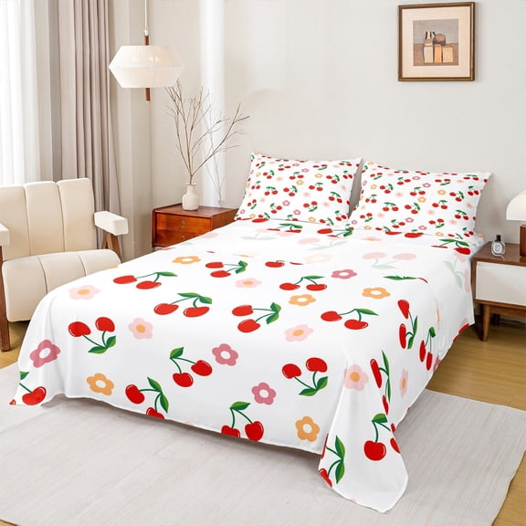 Manfei Kawaii Sweet Cherry Twin Sheet Sets,Cartoon Floral Blossom Twin Fitted Sheet,Red White Green Flat Sheet For Girls Teens,Ultra Soft Home Decor,3-Piece
