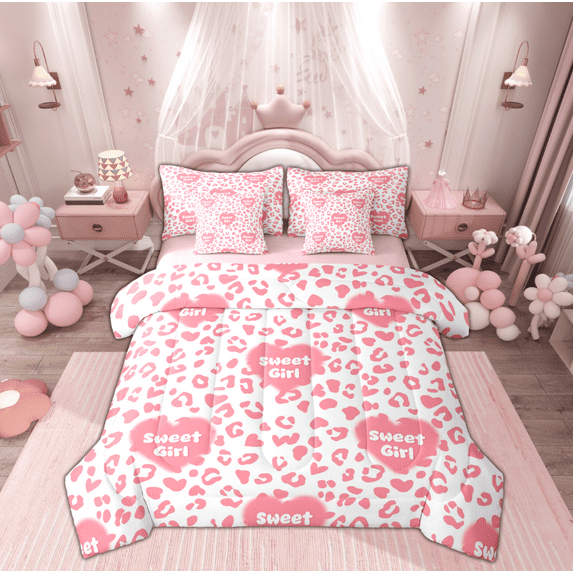 Manfei Kawaii Sweet Girl Bedding Comforter Set 7 Pieces for Teen, Pink Cheetah Print Full Bedding Set, Modern Fashion Reversible Fitted Sheet Flat Sheet, Breathable Home Decor