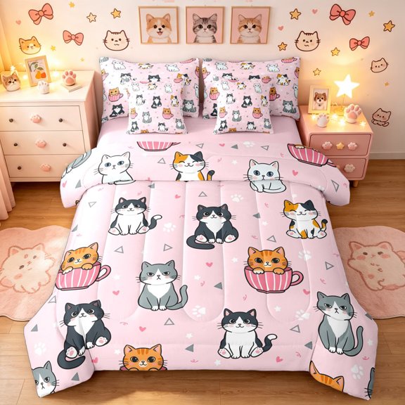 Manfei Kawaii Teacup Cat Full Size Bedding Sets, Triangle Abstract Full Size Bed in a Bag, Pink, Pink Reversible, 7-Piece
