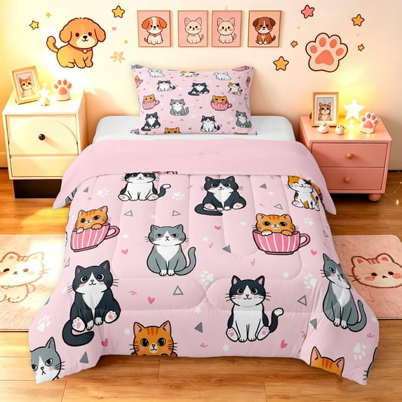 Manfei Kawaii Teacup Cat Twin Comforter Sets, Triangle Abstract Bedding Set, Pink, Pink Reversible, 2-Piece, 1 Comforter and 1 Pillowcase