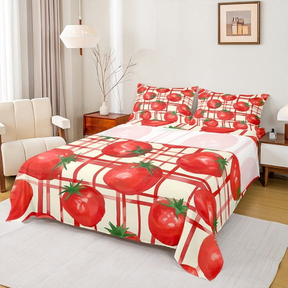Manfei Kawaii Tomato Twin Sheet Sets for Teen, Cartoon Fruit Print Twin Fitted Sheet, Red Stripes Buffalo Flat Sheet, Lightweight Room Decor, 3-Piece