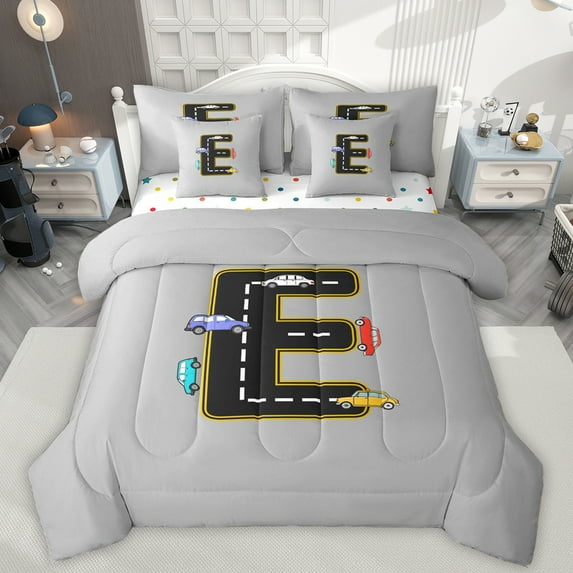 Manfei Kawaii Toy Race Car 7-Piece Twin Bedding Sets,Colorful Vehicle Theme Bedding Comforter Set,First Letter E Sheet Sets For Kid,Super Cozy Room Decor Reversible