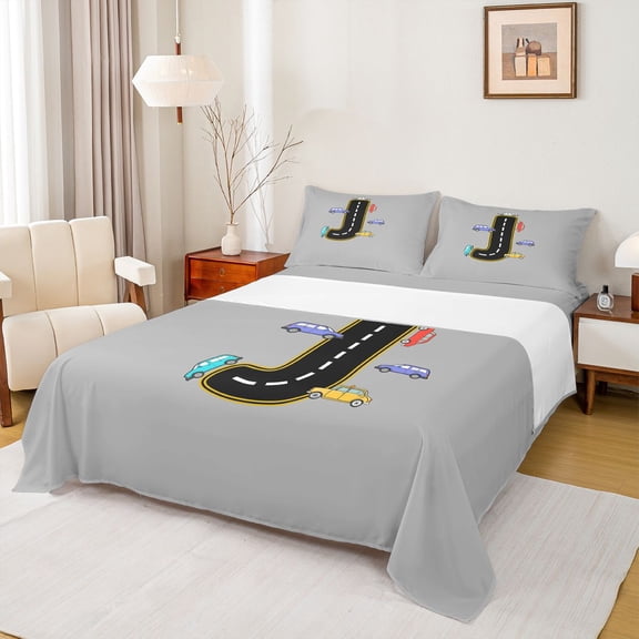 Manfei Kawaii Toy Race Car Twin Sheet Sets,Colorful Vehicle Theme Twin Fitted Sheet,First Letter J Flat Sheet For Kid,Super Cozy Room Decor,3 Pieces