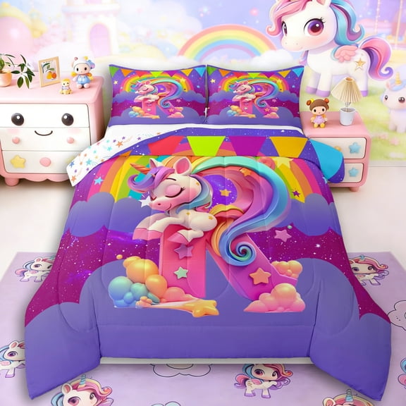 Manfei Kawaii Unicorn 2pcs Bedding Comforter Set,Personalized Initial Twin Comforter Sets,Gradient Rainbow Breathable Bedding Set,Super Cozy Animal Room Decorative,Reversible