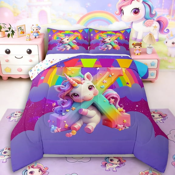 Manfei Kawaii Unicorn 2pcs Bedding Comforter Set,Personalized Initial Twin Comforter Sets,Gradient Rainbow Breathable Bedding Set,Super Cozy Animal Room Decorative,Reversible