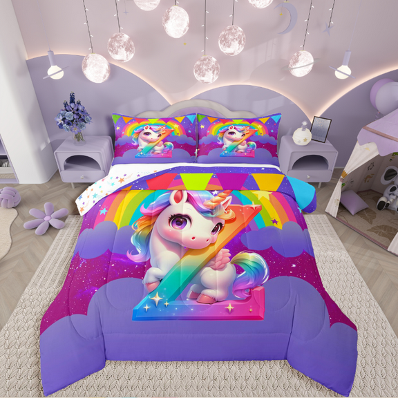 Manfei Kawaii Unicorn 2pcs Bedding Comforter Set,Personalized Initial Twin Comforter Sets,Gradient Rainbow Breathable Bedding Set,Super Cozy Animal Room Decorative,Reversible