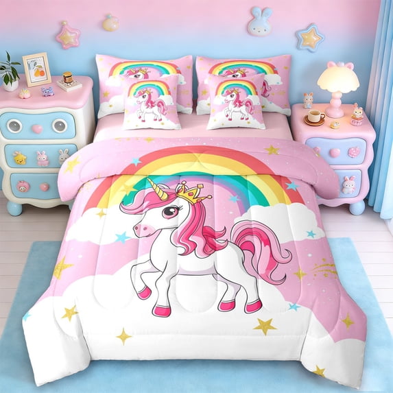 Manfei Kawaii Unicorn 7-Piece Bedding Comforter Set,Magic Cartoon Animal King Bedding Sets,Rainbow Stars Pattern Bed Sheets For Girl,Super Cozy Room Decor Reversible