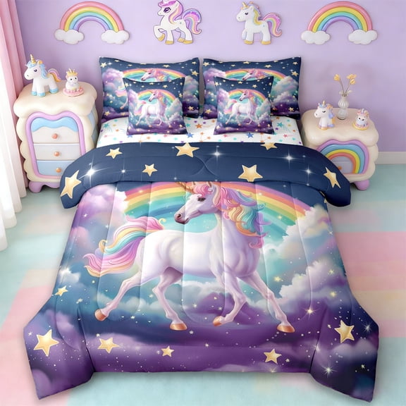Manfei Kawaii Unicorn 7-Piece Twin Bedding Sets,Magic Cartoon Animal Bedding Comforter Set,Purple Pink White Sheet Sets For Girl,Super Cozy Room Decor Reversible