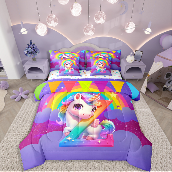 Manfei Kawaii Unicorn 7-Piece Twin Bedding Sets,Personalized Initial Bedding Comforter Set,Gradient Rainbow Breathable Sheet Sets,Super Cozy Animal Room Decorative,Reversible