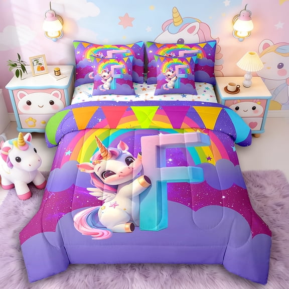 Manfei Kawaii Unicorn 7-Piece Twin Bedding Sets,Personalized Initial Bedding Comforter Set,Gradient Rainbow Breathable Sheet Sets,Super Cozy Animal Room Decorative,Reversible