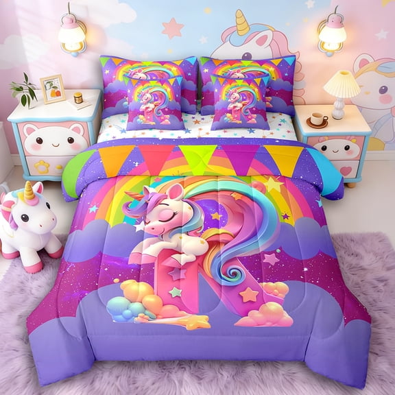 Manfei Kawaii Unicorn 7-Piece Twin Bedding Sets,Personalized Initial Bedding Comforter Set,Gradient Rainbow Breathable Sheet Sets,Super Cozy Animal Room Decorative,Reversible
