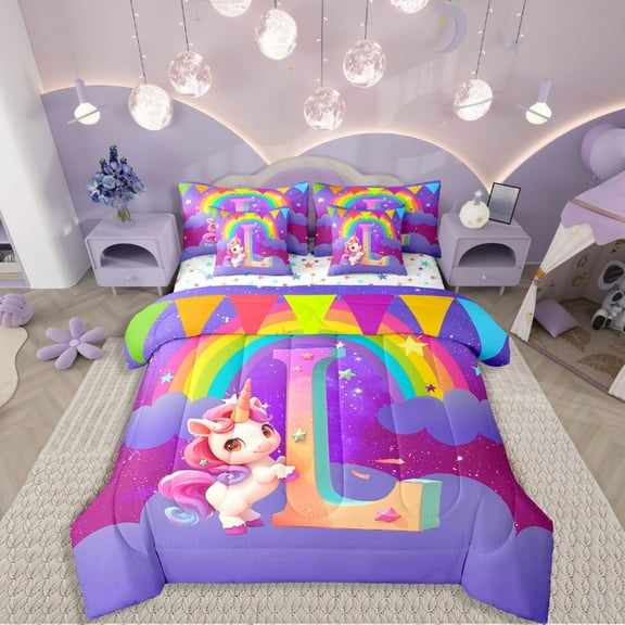 Manfei Kawaii Unicorn 7-Piece Twin Bedding Sets,Personalized Initial Bedding Comforter Set,Gradient Rainbow Breathable Sheet Sets,Super Cozy Animal Room Decorative,Reversible