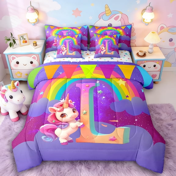 Manfei Kawaii Unicorn 7 Pieces Bedding Comforter Set,Personalized Initial Full Bedding Set Lightweight,Gradient Rainbow Fitted Sheet Flat Sheet,Super Cozy Animal Room Decorative,Reversible