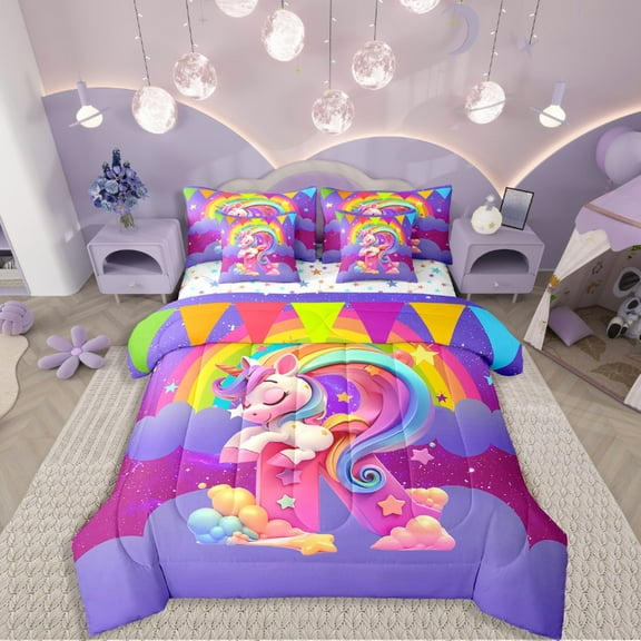 Manfei Kawaii Unicorn 7 Pieces Bedding Comforter Set,Personalized Initial Full Bedding Set Lightweight,Gradient Rainbow Fitted Sheet Flat Sheet,Super Cozy Animal Room Decorative,Reversible
