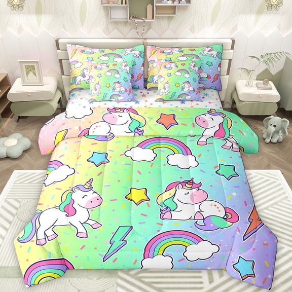 Manfei Kawaii Unicorn 7pcs Bedding Comforter Set,Cute Rainbow Lightning Pattern Queen Bedding Sets,Yellow Green Purple Ombre Queen Sheet Sets For Girls Teens,Breathable Home Decor Reversible