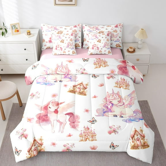Manfei Kawaii Unicorn Bed in a Bag King Size,Magic Animal Bed Set,Flower Castle Butterfly Bedding King Size For Girls,Microfiber Bedroom Decor Reversible,7 Pieces