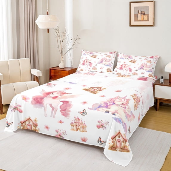 Manfei Kawaii Unicorn Bed Sheets King,Magic Animal Bedding King Size,Flower Castle Butterfly Sheet Set King For Girls,Microfiber Bedroom Decor,4 Pieces
