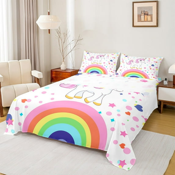 Feelyou Kawaii Unicorn Bed Sheets, Rainbow Print King Sheets, Cartoon Love Heart Sheet Set, Super Cozy Room Decorative, 4-Piece