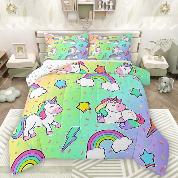 Manfei Kawaii Unicorn Bedding Comforter Set,Cute Rainbow Lightning Pattern Twin Comforter Sets,Yellow Green Purple Ombre Bedding Set For Girls Teens,Breathable Home Decor Reversible,2 Pieces
