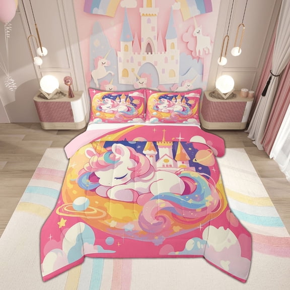 Feelyou Kawaii Unicorn Bedding Comforter Set, Dreamy Fairy Tale Twin Comforter Sets, Moon Outer Space Bedding Set, Lightweight Room Decor, 2 Piece