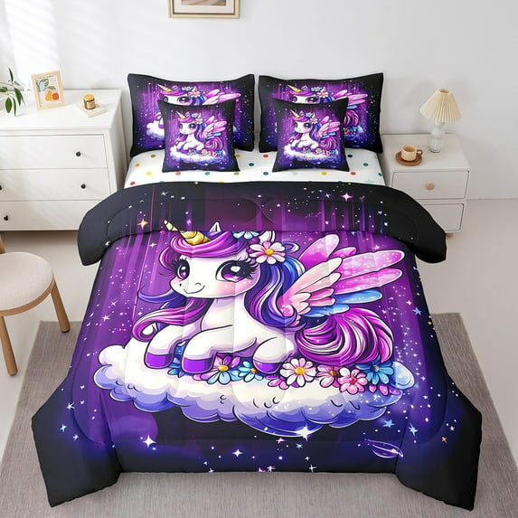 Manfei Kawaii Unicorn Bedding Sets Full Size,Galaxy Starry Sky Comforter Sets with Sheets,Magic Animal Bed in a Bag Full Size For Girls,Microfiber Bedroom Decoration Reversible,7-Piece