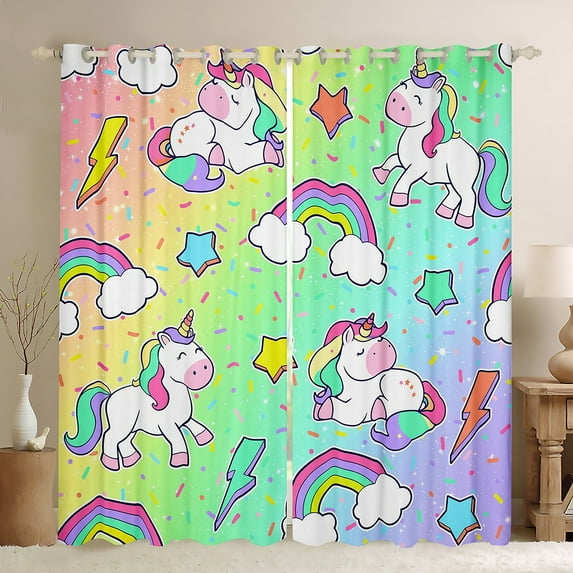 Manfei Kawaii Unicorn Black Out Curtains,Cute Rainbow Lightning Pattern Curtains Pack of 2 (42x63 Each),Yellow Green Purple Ombre Bedroom Curtains For Girls Teens,Breathable Home Decor