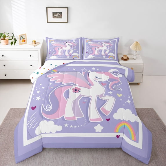 Manfei Kawaii Unicorn Full Size Comforter Sets,White Cloud Print Bedding Comforter Set,Polkadot Reversible,3 Pieces,1 Comforter and 2 Pillowcases