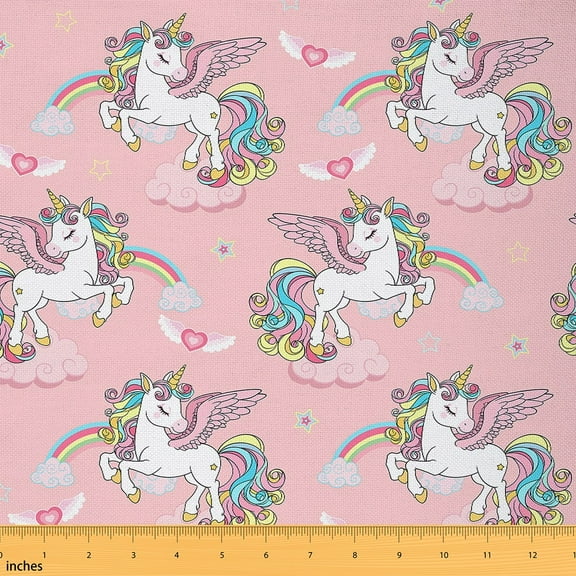 Manfei Kawaii Unicorn Sewing & Crafting Fabric (1 Yard), Cute Heart Rainbow Home Decor Fabric by the Yard, Kids Girls Pink DIY Fabric