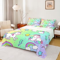 Manfei Kawaii Unicorn Twin Sheet Sets,Cute Rainbow Lightning Pattern Twin Fitted Sheet,Yellow Green Purple Ombre Flat Sheet For Girls Teens,Breathable Home Decor,3 Pieces