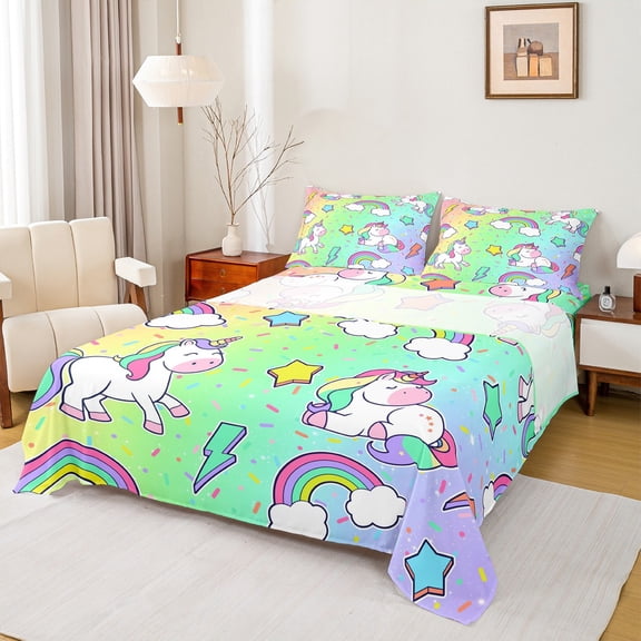 Manfei Kawaii Unicorn Twin Sheet Sets,Cute Rainbow Lightning Pattern Twin Fitted Sheet,Yellow Green Purple Ombre Flat Sheet For Girls Teens,Breathable Home Decor,3 Pieces