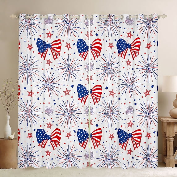 Manfei Kawaii Usa Flag Bow Kitchen Curtains,Festival Fireworks Black Out Curtains Pack of 2 (42x63 Each),Red White Navy