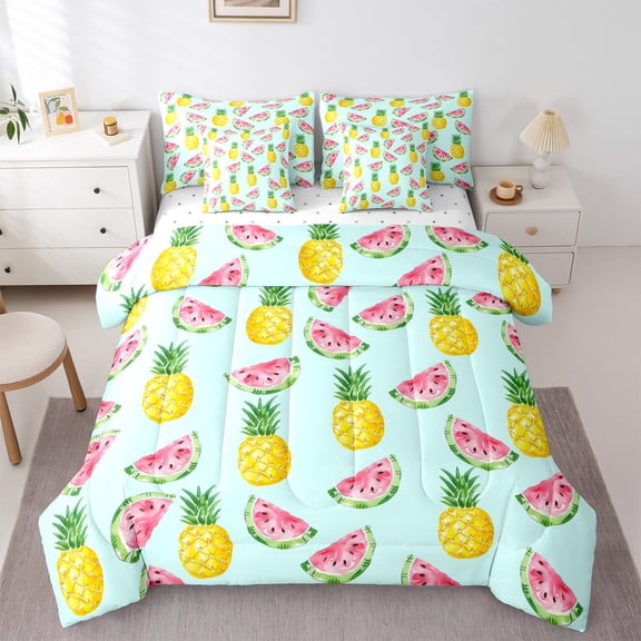 Manfei Kawaii Watermelon Pineapple Bedding Comforter Set 7pcs, Cartoon Fruit Print Queen Bedding Sets, Teens Kids Child Reversible Queen Sheet Sets, Luxury Bedroom Decor