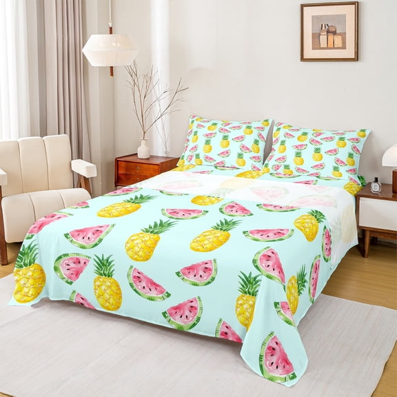Manfei Kawaii Watermelon Pineapple Twin Sheet Sets, Cartoon Fruit Print Twin Fitted Sheet, Teens Kids Child Flat Sheet, Luxury Bedroom Decor, 3 Pieces