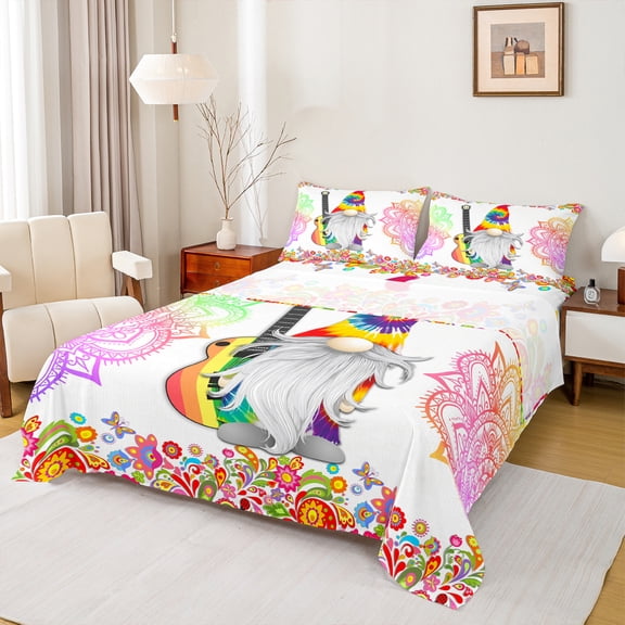 Manfei Kawaii Western Gnome Bed Sheets, Boho Damask Flower King Sheets, Tribal Rustic Floral Plant Sheet Set,Lightweight Room Decor, 4 Pieces