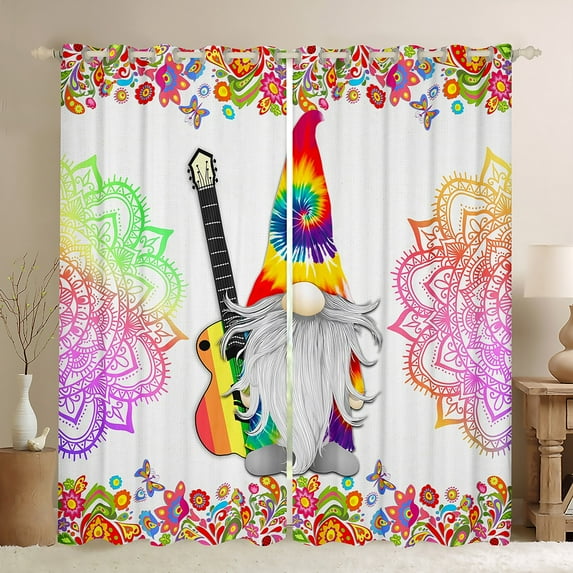 Manfei Kawaii Western Gnome Black Out Curtains, Boho Damask Flower Curtains Pack of 2 (42x63 Each), Tribal Rustic Floral Plant Bedroom Curtains,Living Room Curtains Decor