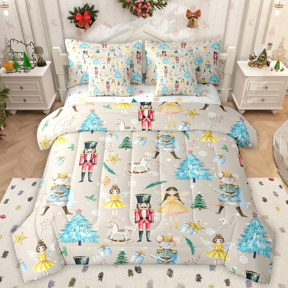 Manfei Kawaii Western Princess Bedding Comforter Set 7 Pieces for Girl, Xmas Tree Snowflake Full Bedding Set, Winter Christmas Theme Reversible Fitted Sheet Flat Sheet, Super Cozy Room Decor