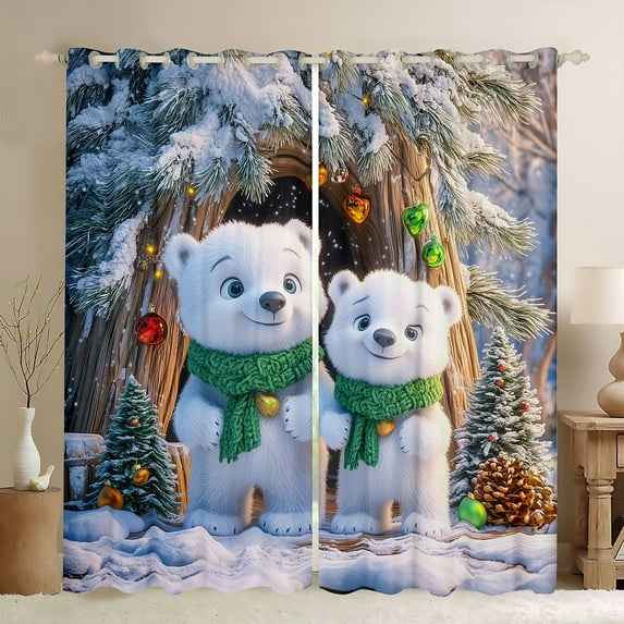 Homewish Kawaii White Bear Black Out Curtains, Winter Xman Snowman Curtains Pack of 2 (42x63 Each), Cute Cartoon Animal Bedroom Curtains, Curtains and Drapes Decor