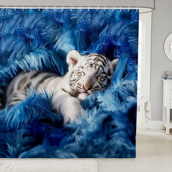 Manfei Kawaii White Tiger Shower Curtain 72Wx72L, Cute Jungle Animal Bathroom Curtain, Blue White