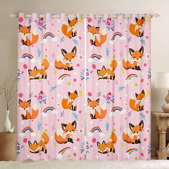 Manfei Kawaii Wild Fox Curtains and Drapes,Jungle Animal Black Out Curtains,Rustic Flower Floral Curtains Pack of 2 (52x63 Each) For Teens,Breathable Home Decor