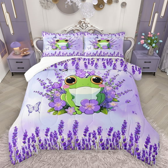 Manfei Kawaii Wild Frog Bedding Comforter Set,Country Floral Lavender Twin Comforter Sets,Green Purple Bedding Set For Boys Girls,Luxury Bedroom Decor,2pcs