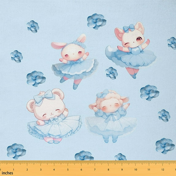 Manfei Kawaii Wildlife Fabric by the Yard (2 Yards) for Kids, Princess Blue Decorative Fabric by the Yard, Cartoon Cat Bear Sheep Rabbit Sewing & Crafting Fabric