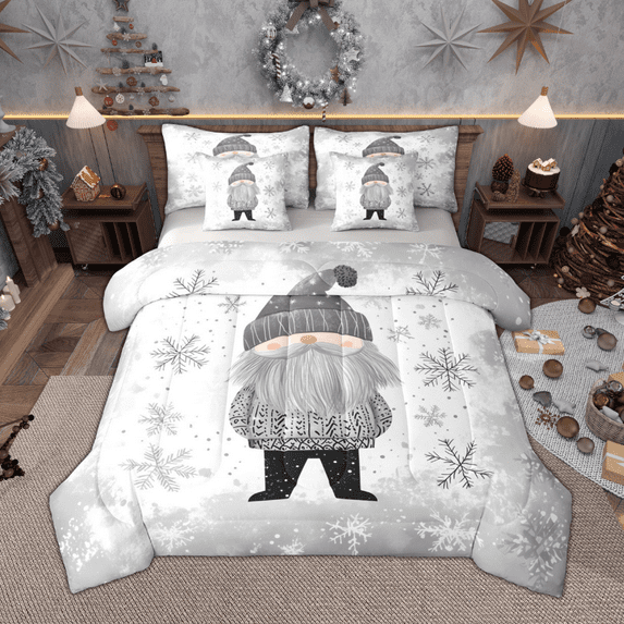 Manfei Kawaii Winter Gnome Bedding Comforter Set 7-Piece, Cute Snowflakes King Bedding Sets, Gray White Bed Sheets, Super Cozy Room Decor