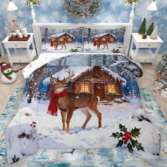 Manfei Kawaii Winter Reindeer Bedding Comforter Set, Rustic Lodge Cabin Twin Comforter Sets, Western Christmas Festival Reversible Bedding Set, Breathable Home Decor, 2-Piece