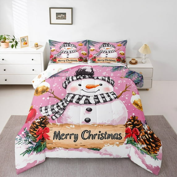 Manfei Kawaii Winter Snowman Full Size Comforter Sets for Kids, Merry Christmas Bedding Comforter Set, Pink Cartoon Theme Reversible Bedding Sets, Microfiber Bedroom Decor, 3 Pieces