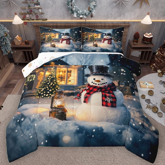 Manfei Kawaii Winter Snowman Queen Comforter Set, Merry Christmas Bedding Sets, Western Rustic Cabin Reversible Bedding Comforter Set, Luxury Bedroom Decor, 3-Piece
