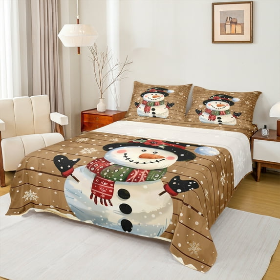 Manfei Kawaii Winter Snowman Twin Sheet Sets, Happy New Year Twin Fitted Sheet, Teens Boys Girls Kids Flat Sheet, Luxury Bedroom Decor, 3-Piece