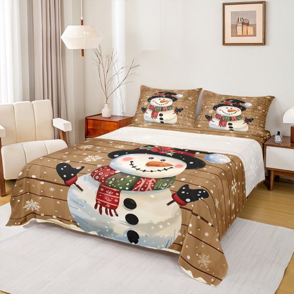 Manfei Kawaii Winter Snowman Twin Sheet Sets, Happy New Year Twin Fitted Sheet, Teens Boys Girls Kids Flat Sheet, Luxury Bedroom Decor, 3-Piece