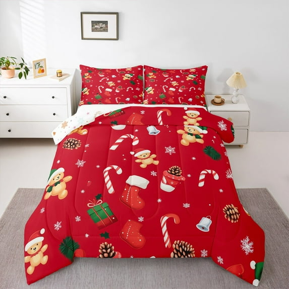 Manfei Kawaii Xmas Bear Full Size Comforter Sets,Christmas Candy Cane Bedding Comforter Set,Happy New Year Bedding Sets For Girls,Microfiber Bedroom Decor Reversible,3 Pieces