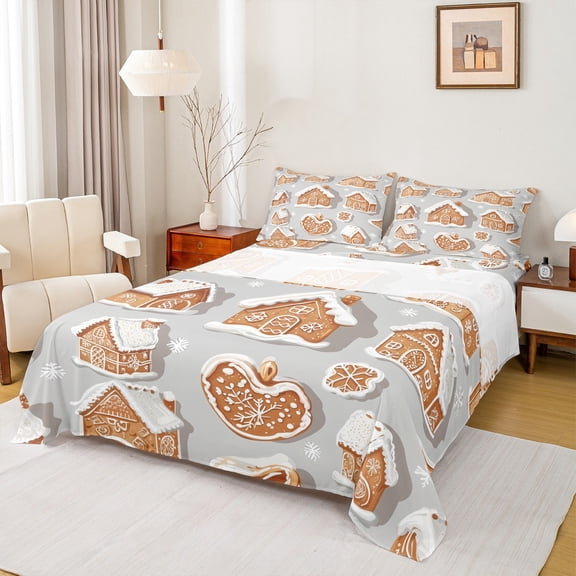 Manfei Kawaii Xmas Cookie Queen Sheet Sets,Christmas Dessert Biscuit Flat Sheet,Brown White Gray Queen Fitted Sheet For Teens,Ultra Soft Home Decor,4-Piece